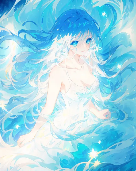 beautiful girl, glowing white and blue gradient ballgown, sparkling swirling water background, long flowing hair, beautiful girl with glowing skin, glowing water background, watercolor illustration, disney art style, glowing aura around her, flowing glowin...