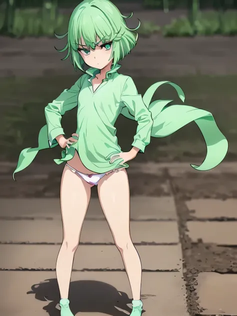 highest quality、ultra high resolution、Professional specifications、green hair,green eyes、cry、(collar),(lead)、((elementary school girl))、((flat chest))、medium hair、((The outline shines))、((stand with hands on hips:1.5))、((From under her feet:1.8))、small ass、...