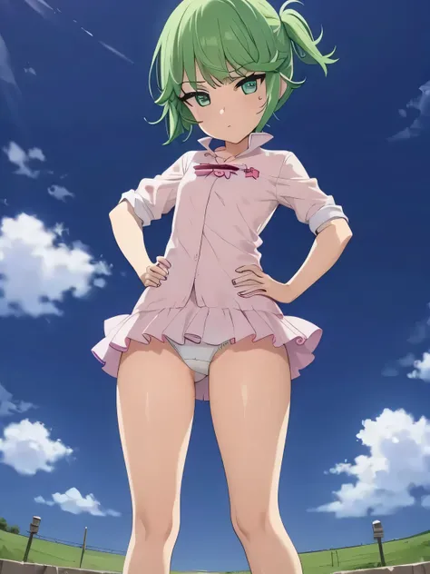 highest quality、ultra high resolution、Professional specifications、green hair,green eyes、cry、(collar),(lead)、((elementary school girl))、((flat chest))、medium hair、((The outline shines))、((stand with hands on hips:1.5))、((From under her feet:1.8))、small ass、...