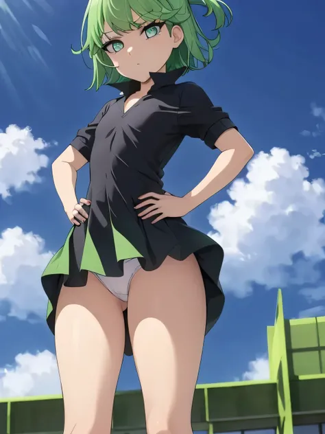 highest quality、ultra high resolution、Professional specifications、green hair,green eyes、cry、(collar),(lead)、((elementary school girl))、((flat chest))、medium hair、((The outline shines))、((stand with hands on hips:1.5))、((From under her feet:1.8))、small ass、...