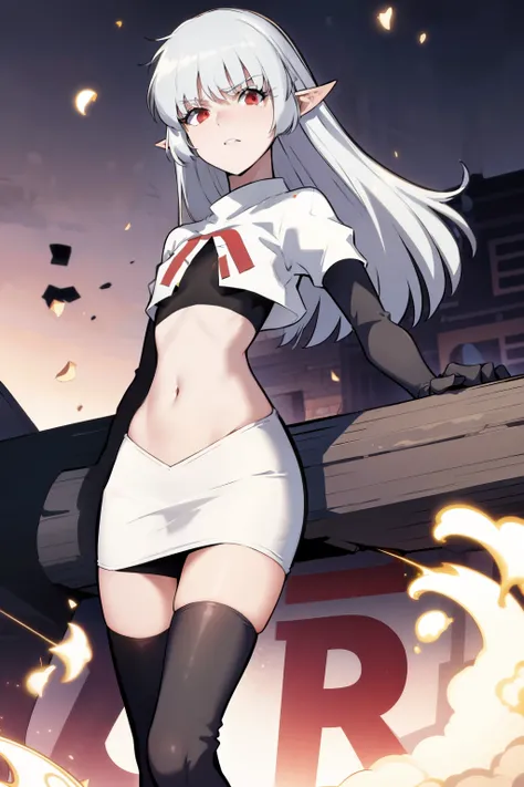 best quality, (masterpiece:1.2), detailed,
alice,
grey hair, long hair, red eyes, pointy ears, small breasts,
team rocket,team rocket uniform, red letter R, white skirt,white crop top,black thigh-highs,black elbow gloves,
looking at the viewer,