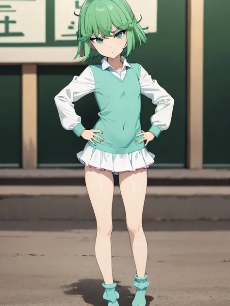 highest quality、ultra high resolution、Professional specifications、green hair,green eyes、cry、(collar),(lead)、((elementary school girl))、((flat chest))、medium hair、((The outline shines))、((stand with hands on hips:1.5))、((From under her feet:1.8))、small ass、...