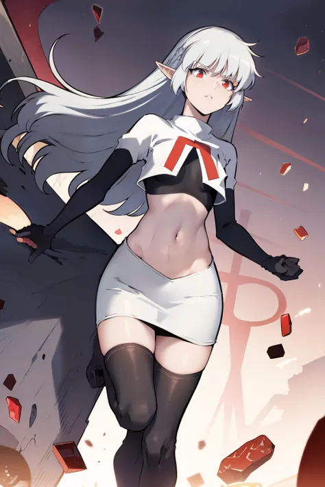 best quality, (masterpiece:1.2), detailed,
alice,
grey hair, long hair, red eyes, pointy ears, small breasts,
team rocket,team rocket uniform, red letter R, white skirt,white crop top,black thigh-highs,black elbow gloves,
looking at the viewer,