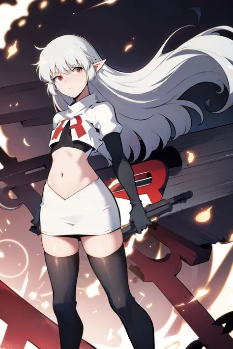 best quality, (masterpiece:1.2), detailed,
alice,
grey hair, long hair, red eyes, pointy ears, small breasts,
team rocket,team rocket uniform, red letter R, white skirt,white crop top,black thigh-highs,black elbow gloves,
looking at the viewer,