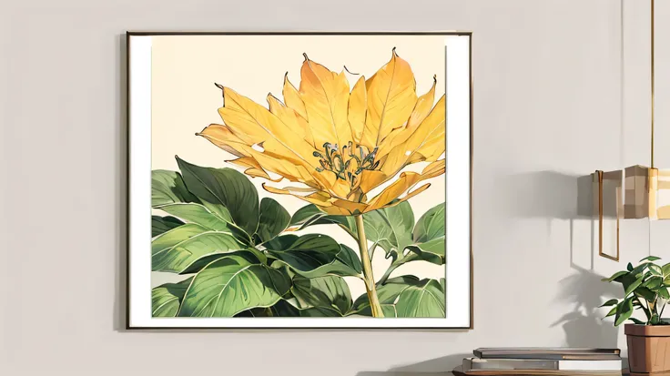 Plant painting with leaves close-up, canvas Art print, clean and elegant painting, Realistic flower oil painting, Hours 7 0 4, gold leaf painting, Digital Art 9 6 0, canvas Art, canvas painting, high quality painting, Meticulous painting, Frame border of g...