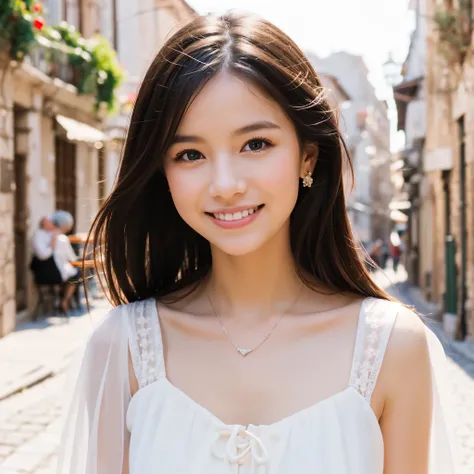 girl, solo, smile, white elegant dress, in the old city, in Europe, bokeh, natural light