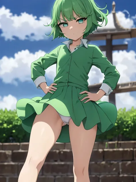 highest quality、ultra high resolution、Professional specifications、green hair,green eyes、cry、(collar),(lead)、((elementary school girl))、((flat chest))、medium hair、((The outline shines))、((stand with hands on hips:1.5))、((From under her feet:1.8))、small ass、...