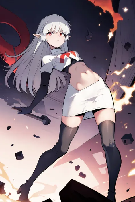 best quality, (masterpiece:1.2), detailed,
alice,
grey hair, long hair, red eyes, pointy ears, small breasts,
team rocket,team rocket uniform, red letter R, white skirt,white crop top,black thigh-highs,black elbow gloves,
looking at the viewer,