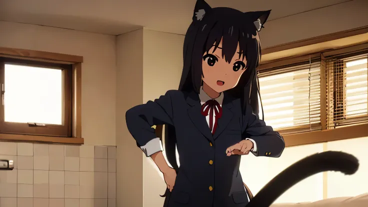 (best quality, masterpiece:1.2), 1girl, (((masterpiece))), top-quality, top-quality, High Details, nakano azusa, 1girl, Cafe waiter uniform, black cat ear, (((black cat ear))), Twin-tailed, length hair, A dark-haired, brown-eyed, solo, reddish, thin red ri...