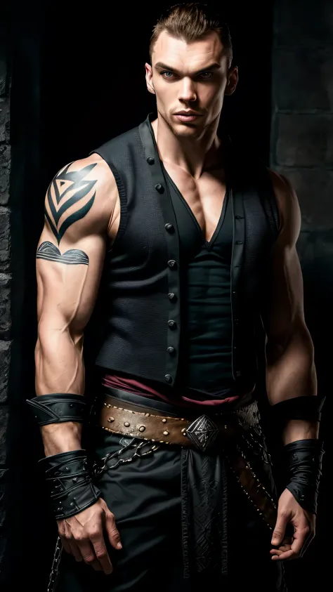 ((Ed Skrein)) as Jarek from Mortal Kombat, muscular aggressive fighter, ((very short unkempt hair)), goatee beard, wears a torn sleeveless black vest, fingerless gloves, cargo pants, belts, straps, face scars, symbolic tattoos on arms, 1man, solo, intricat...