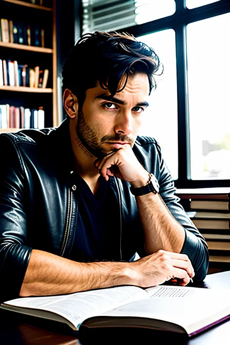 photo of a man( serious expression), brown, even eyes, Ultra textured leather, short black hair, White shirt, pastel jacket, sitting at a desk, writing pen in right hand, the left arm is bent at the elbow and lies on the table, against the backdrop of many...