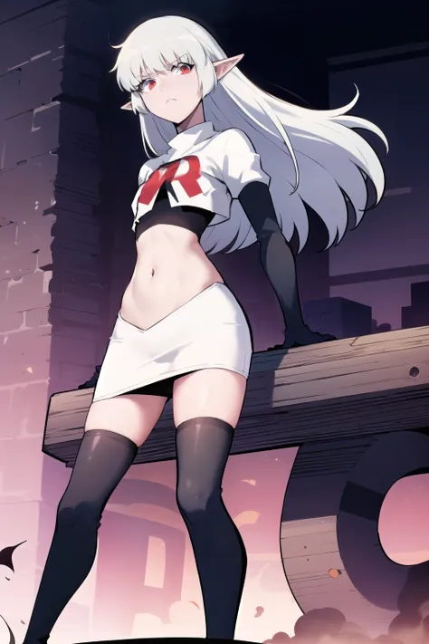 best quality, (masterpiece:1.2), detailed,
alice,
grey hair, long hair, red eyes, pointy ears, small breasts,
team rocket,team r...