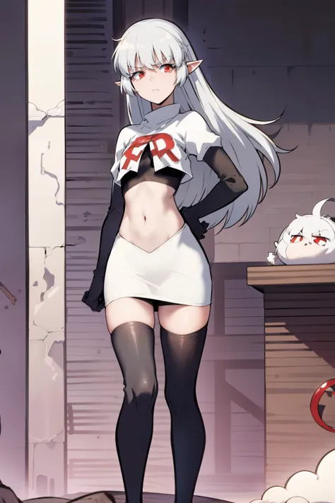 best quality, (masterpiece:1.2), detailed,
alice,
grey hair, long hair, red eyes, pointy ears, small breasts,
team rocket,team rocket uniform, red letter R, white skirt,white crop top,black thigh-highs,black elbow gloves,
looking at the viewer,