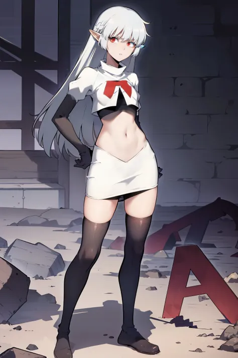 best quality, (masterpiece:1.2), detailed,
alice,
grey hair, long hair, red eyes, pointy ears, small breasts,
team rocket,team rocket uniform, red letter R, white skirt,white crop top,black thigh-highs,black elbow gloves,
looking at the viewer,