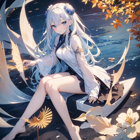 (masterpiece, top quality, best quality, official art, Beautiful and beautiful:1.2), (1 girl:1.3), (Fractal art:1.3),white色长头发，sitting，翘着leg，white，blue pupils，anime pictures，white色吊带过膝靴，white色连衣裙，best anime 4k，anime goddess，gorgeous clothes，toe，leg