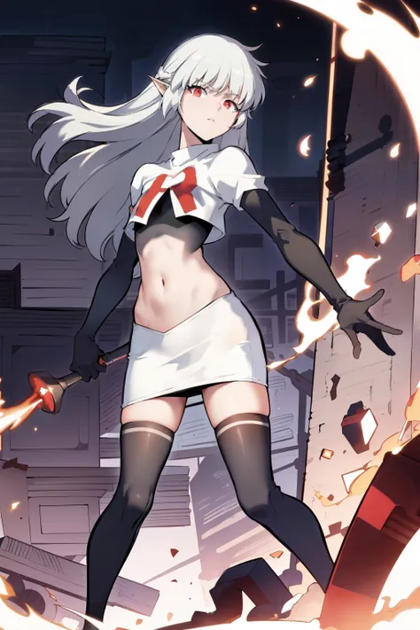 best quality, (masterpiece:1.2), detailed,
alice,
grey hair, long hair, red eyes, pointy ears, small breasts,
team rocket,team rocket uniform, red letter R, white skirt,white crop top,black thigh-highs,black elbow gloves,
looking at the viewer,