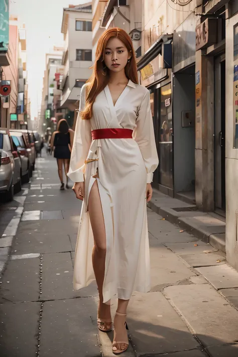 realistic,Blonde girl, posing like models wearing beautiful hot Korean dress, with red hair, brown eyes, looking at the camera walking in the streets, Instagram 