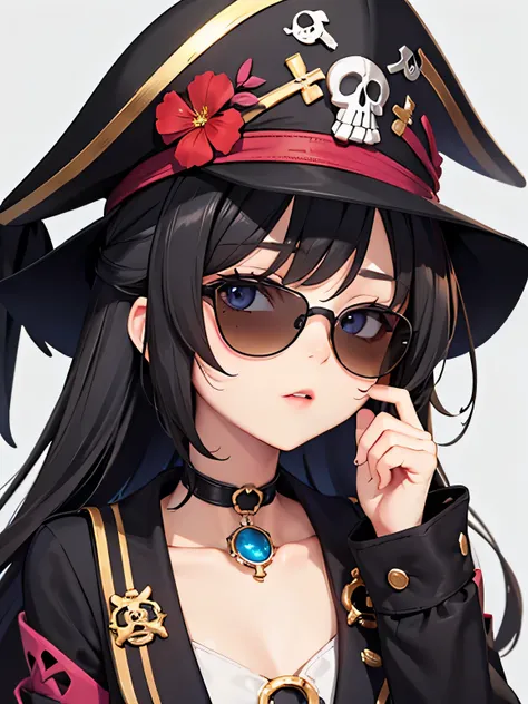 stylish design, cute lovely pirate skull, focus on the face, Stylish sunglasses, Fashionable hats, beautiful flower, highest quality