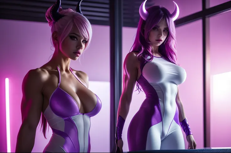 (pink and purple demoness:1.5),(beautiful female model:1.5), (demoness with Large horns:1.25),(1 super muscular succubus with flayed skin:1.5), (covered in thick white muscle suit:1.5), (exposed perfect anatomy:1.5), high detail, best quality, masterpiece,...