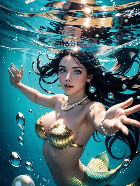 hyper-detailed photography of a mermaid diving in a dynamic pose. front view. she has an attractive appearance with floral decorated long black hair and beautiful blue eyes. Her hand is reaching out towards the camera. background is abstract with water spl...