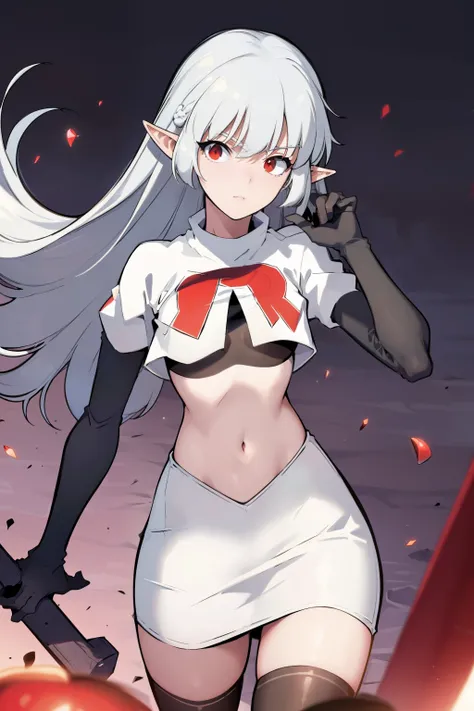 best quality, (masterpiece:1.2), detailed,
alice,
grey hair, long hair, red eyes, pointy ears, small breasts,
team rocket,team rocket uniform, red letter R, white skirt,white crop top,black thigh-highs,black elbow gloves,
looking at the viewer,