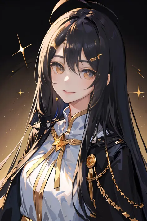 (masterpiece, side light, Super detailed, thin and beautiful eyes: 1.2), 1 girl, black hair,long hair,Ahoge,Star Hair Clip,((golden eyes)),coat,オープンcoat、Upper body、from the front、smile