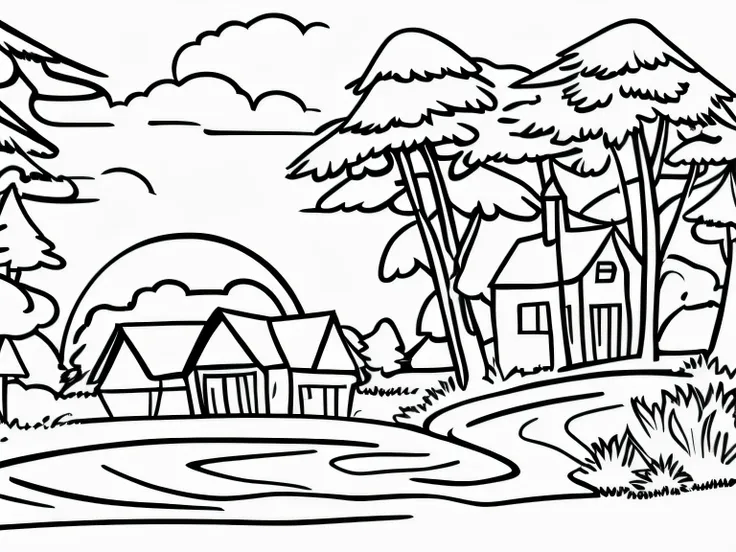 Draw &#39;I draw in black and white. home is far away, The sun is shining, animals sitting near the house, trees grow behind the house, road, lake