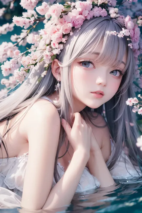 best quality, 32k, RAW photo, incredibly absurdres, extremely detailed, delicate texture, beautiful girl drowning in flowers, pastel colors, motion-blur, action-lines