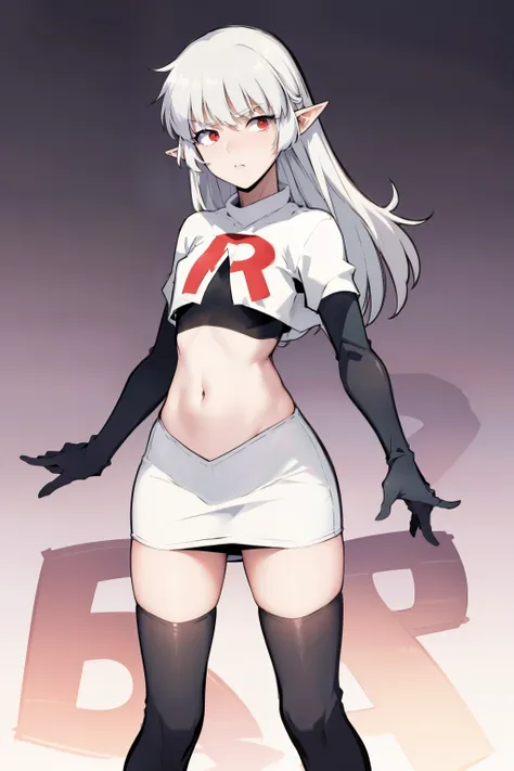 best quality, (masterpiece:1.2), detailed,
alice,
grey hair, long hair, red eyes, pointy ears, small breasts,
team rocket,team r...