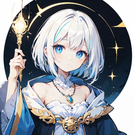 wizard&#39;s robe. she has a beautiful face and bright 、odd eye、I see a magical light around her、 Detail view. bright colors. High resolution.magic wand、white hair、Two-tone hair color、jewelry necklace、delicate illustrationoon motifs、short hair