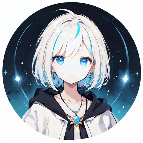 wizard&#39;s robe. she has a beautiful face and bright 、odd eye、I see a magical light around her、 Detail view. bright colors. High resolution.magic wand、white hair、Two-tone hair color、jewelry necklace、delicate illustrationoon motifs、short hair