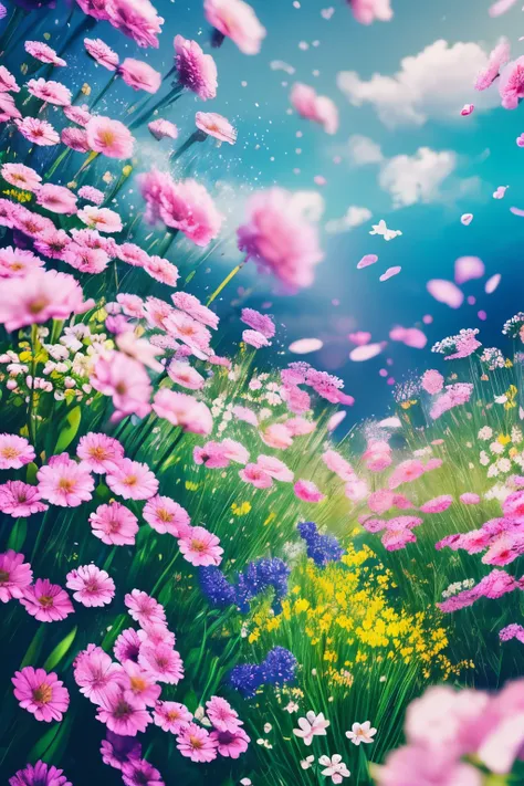 best quality, 32k, RAW photo, incredibly absurdres, extremely detailed, delicate texture, drowning in flowers, filled with flowers, sea of flowers, pastel colors, motion-blur, action-lines