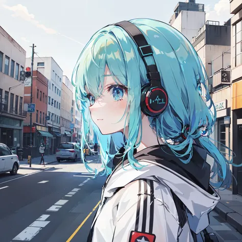 (masterpiece, side light, Super detailed, fine and beautiful eyes: 1.2), 1 girl,, building, from the front, headphones, Jacket, long hair, green hair, profile,  alone, outdoors、 Upper body, masterpiece, highest quality、close your mouth、smile、wink at me