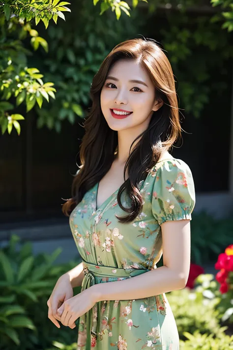 Draw lips correctly, red lipstick, from chest up, best quality, Super detailed, lifelike, Super fine skin, perfect anatomy, (1 日本Mature的女人), (alone)，Wear a floral green high-end dress，short sleeve，wavy long hair，27-year-old woman，Mature，charming smile，gard...