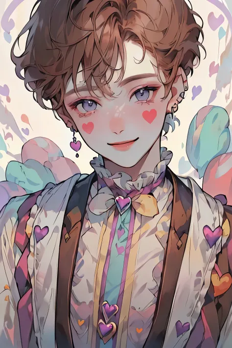 1boy, masterpiece, detailed,  ((detailed eyeoonlight, pastel, short hair, formal clothes(18th century male clothes), looking at viewer, carnival, ((brown hair)), pastel blue and purple colors, Portraits with focus on the upper Body, no earing, heart on che...