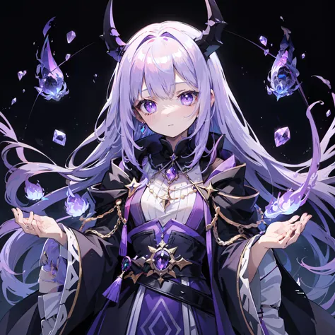 purple flame night. darkness with impressive purple flames. black wizard woman&#39;s robe. she has a beautiful face and bright 紫...