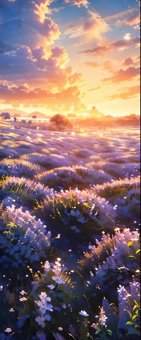 ((masterpiece, highest quality, highest image quality, high resolution, photorealistic, raw photo, 8k)), a field of purple flowe...