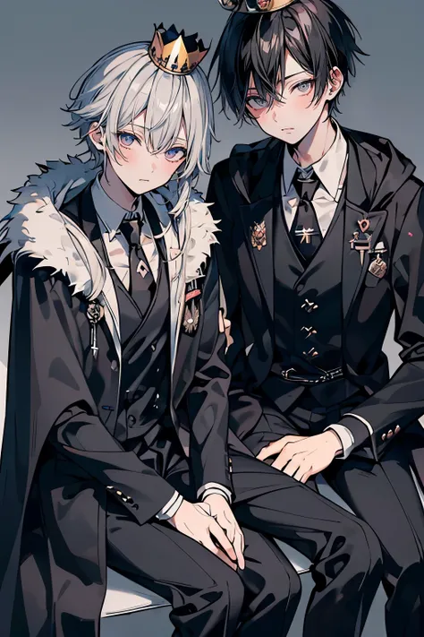 (muste piece), (best quality), very detailed, (((Two friendly high school boys:1.5))), perfect face, beautiful face, very detailed face，(black haired butler_suit,tie:1.3)，(King of gray hair_fur cloak,crown:1.3)