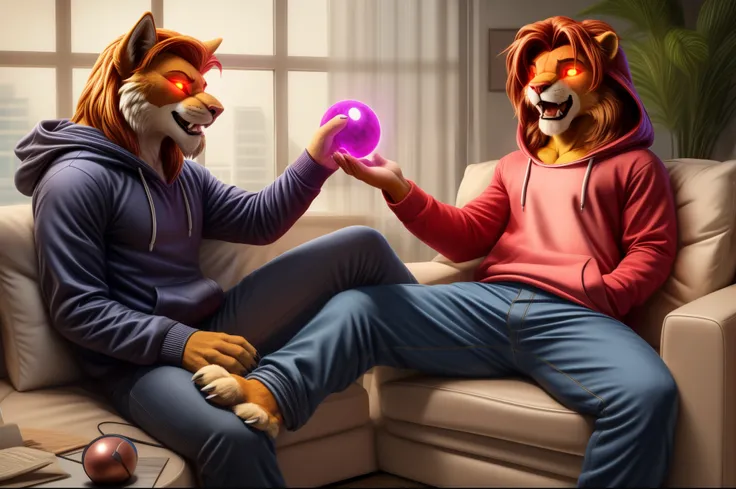 Barefoot furry character, full body, furry boy.

Muscular barefoot hypnotised young Simba (Simba as kid) in casual teens clothes (hoodie, long pants) lying on a modern grey couch in a psychologists office, undergoing hypnotherapy, watching crystalball with...