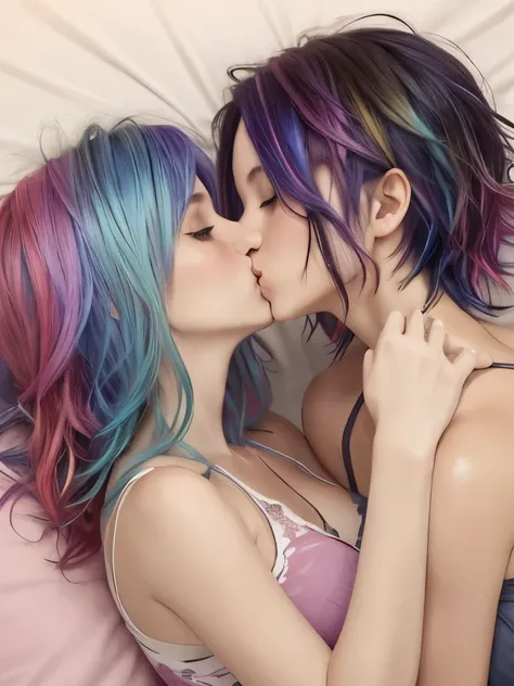 2girls, casual, romantic kiss, bedhead, rainbow colored hair