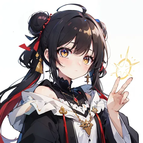 She&#39;s wearing a cute wizard&#39;s robe.、 She has a beautiful face and a bright 、yellow eyes、I see a magical light around her、 Detail view. bright colors. High resolution.magic wand、black hair、red hair tips、jewelry necklace、Hair bun high on the head、