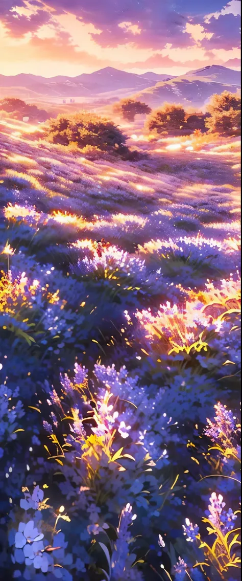 ((masterpiece, highest quality, highest image quality, high resolution, photorealistic, raw photo, 8k)), a field of purple flowe...