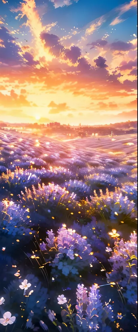 ((masterpiece, highest quality, Highest image quality, High resolution, photorealistic, Raw photo, 8K)), a field of purple flowers with the sun setting in the background, really beautiful nature, lilac sunrays, lavender fields in full bloom, beautiful natu...