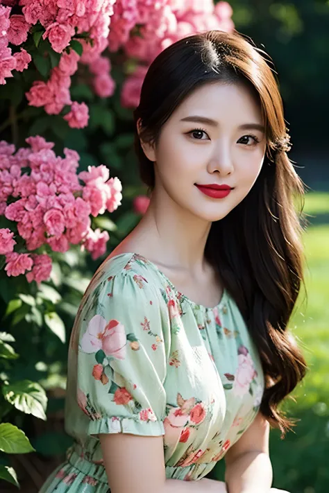 Draw lips correctly, red lipstick, from chest up, best quality, Super detailed, lifelike, Super fine skin, perfect anatomy, (1 日本Mature的女人), (alone)，Wear a floral green high-end round neck dress，short sleeve，wavy long hair，27-year-old woman，Mature，charming...