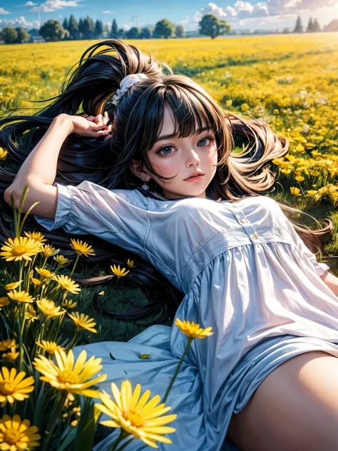 A girl lying among blooming dandelions, her hair blowing in the fresh breeze, the fluff of the dandelions flying about.