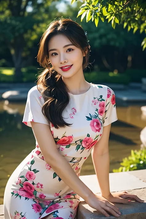 Draw lips correctly, red lipstick, from chest up, best quality, Super detailed, lifelike, Super fine skin, perfect anatomy, (1 日本Mature的女人), (alone)，Wear a floral green high-end round neck dress，short sleeve，wavy long hair，27-year-old woman，Mature，charming...