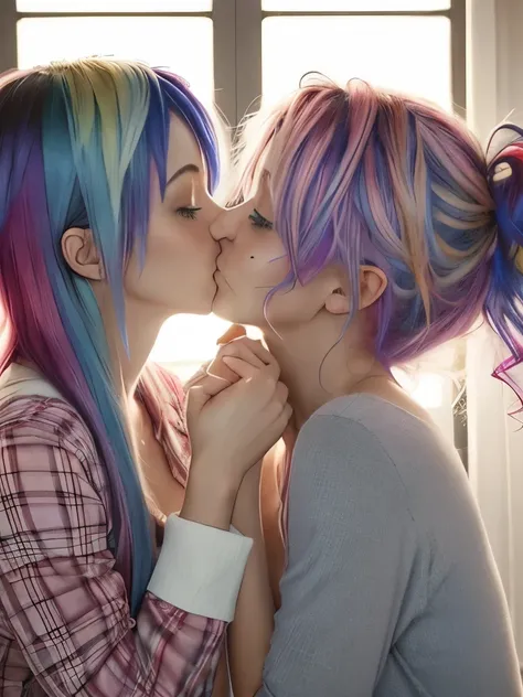 3girls, casual, romantic kiss, bedhead, rainbow colored hair