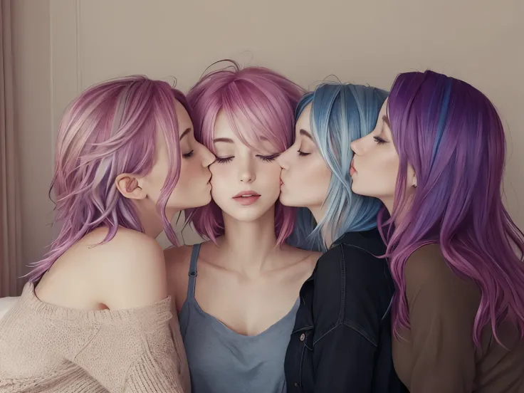 4girls, casual, romantic kiss, bedhead, different colored hair