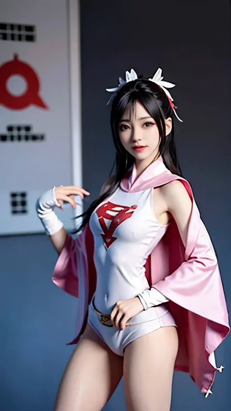 Alafi takes a photo wearing pink clothes and a cloak, V-chest open clothes, with cloak, smooth white tight clothing suit, anime girl cosplay, Superhero Girl, Trending on cgstation, anime cosplay, Cute girl in a tank suit, korean girl, Shahi, Chen Xintong, ...