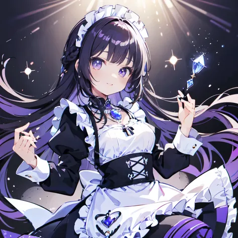 purple and black maid outfit. she has a beautiful face and a bright personality、purple eyes、I see a magical light shining around her.、Detail view. bright colors. High resolution.purple hair、purple gemstone necklace、cute smile